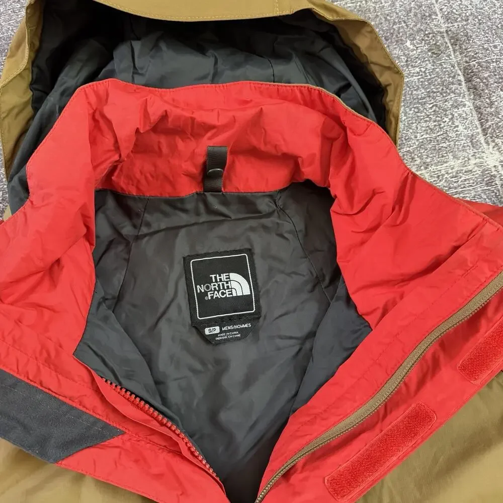 Men's The North Face Orange Tan Color Block Hyvent Hooded Rain Coat Jacket Sz S